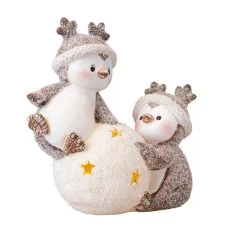 Pinguine Mit Schneeball Und LED - Aus Polyresin - Ca. 18,5 X 10,5 X 20 Cm