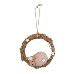 Dekohänger - Kranz Mit Schaf - Braun/rosa/weiß - Aus Holz - Ca. 14 X 14 Cm