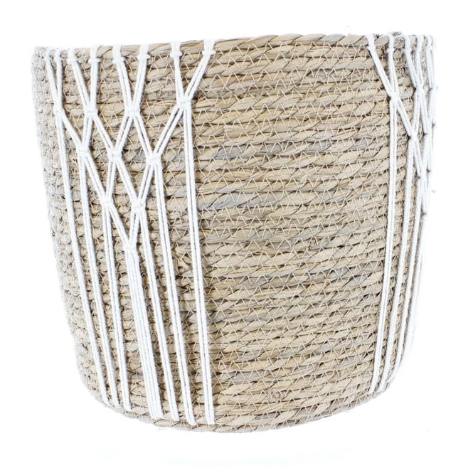 Korb Mit Makramee-Verzierung - Aus Naturgras - Ca. 31 X 30 Cm